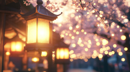 Warm lanterns illuminate cherry blossoms in serene evening setting