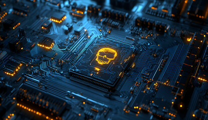 Fototapeta premium Cybersecurity Threat Concept with Skull on Circuit Board