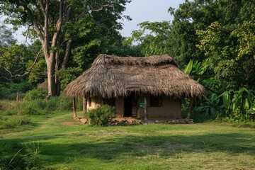Serene view of a traditional thatched hut blending harmoniously with the surrounding lush green forest