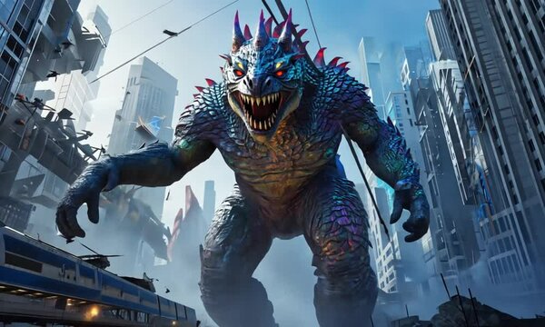 Background of giant monsters rampaging and destroying the city