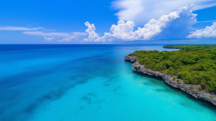 Obraz premium Aerial view of tropical coastline with turquoise waters, lush greenery, and dramatic clouds. serene landscape evokes sense of tranquility and natural beauty