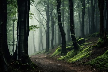 Forest with mist background landscape outdoors woodland.