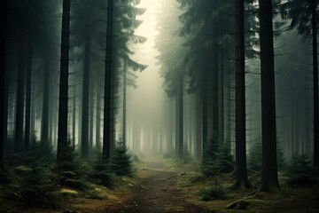 Obraz premium Forest with mist background landscape woodland outdoors.
