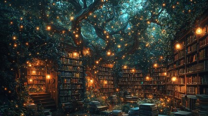 A whimsical illustration of a magical library filled with floating books, glowing lights, and mysterious shelves, perfect for a fantasy or magical realism book