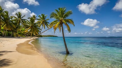 Obraz premium beach with palm tree, coconut tree, sea, tropical, tree, ocean, island, sand, sky, paradise, travel, water