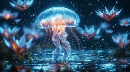 A whimsical, underwater scene featuring a jellyfish glowing in the deep ocean, surrounded by floating origami cranes, creating an imaginative and calming atmosphere in shades of blue and soft pastels