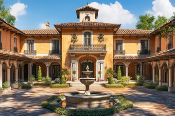 Fototapeta premium A historic Italian villa with stucco walls, terracotta roof tiles, and a central fountain