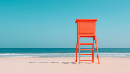 Bright orange lifeguard tower on sandy beach with clear blue sky
