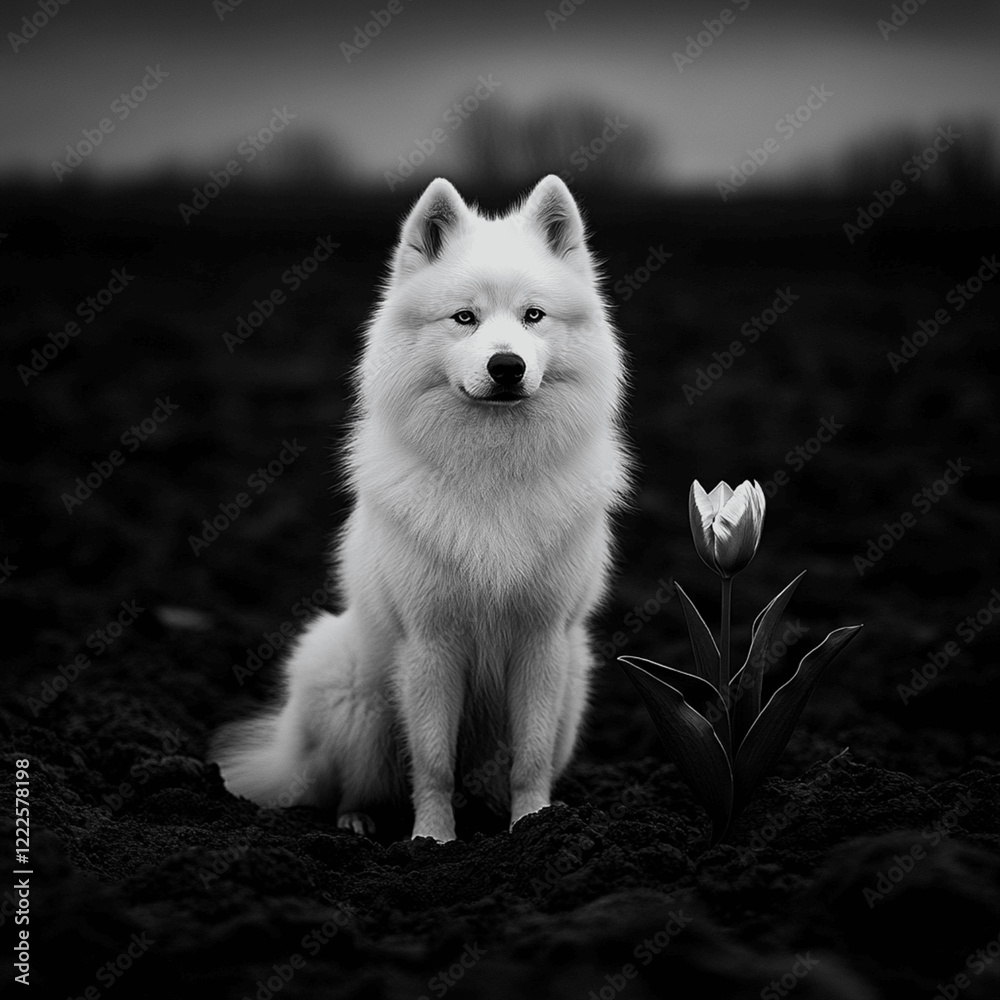 Wall mural samoyed with a single metallic tulip that stands out