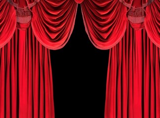 Elegant red velvet curtains framing a dark stage, theater red curtain for advertisement banner, theatre advertising image