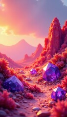Purple amethyst crystals scattered amidst an orange and pink landscape, amethyst, orange, pink