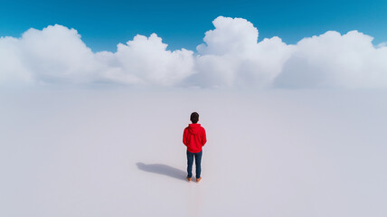 Fototapeta premium person in red hoodie stands barefoot on vast, reflective surface under bright blue sky with fluffy clouds. scene evokes sense of solitude and wonder