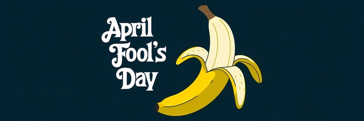 A creative minimalist April Fool's Day poster design with a dark theme. The text "April Fool's Day" is written in white, cursive letters. Below the text, there's a drawing of a large, yellow banana 