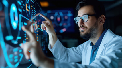 technician in lab coat interacts with futuristic digital interface, monitoring system performance with focus and precision in high tech environment
