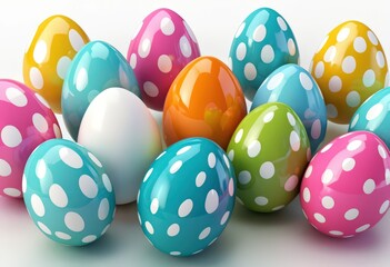 Fototapeta premium Colorful polka dot Easter eggs on a white background.
