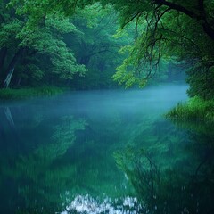 Tranquil River Surrounded by Lush Green Forest Under Fog