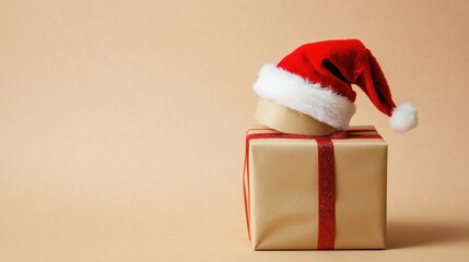 Santa hat on a gift box with creative wrapping. Featuring a gift box adorned with a Santa hat and creative wrapping. Highlighting festive fun and holiday creativity. Ideal for Christmas themes.