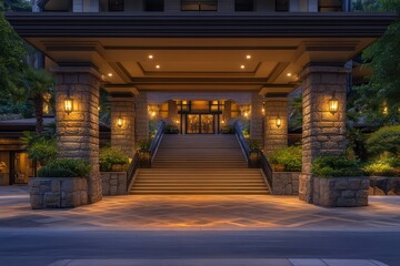 A hotel entrance featuring a wide staircase, symmetrical stone pillars, and a soft glow of evening lighting