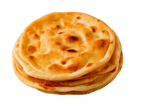 PNG. Transparent white background, isolated, showcasing freshly made, golden-brown, round, thin, flat, delicious, fluffy, soft, warm, appetizing, authentic, aromatic, wholesome, nutritious, freshly ba