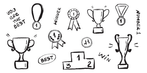 Medals, orders and winner cups hand drawn ink style set isolated on white background. Awards set in doodle style. Vector sketch collection for celebration decoration design