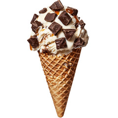 Classic wafer cone filled with creamy chocolate ice cream and toppings, cut out