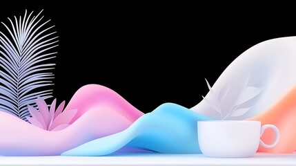 Pastel Wave Abstract Background with Cup and Tropical Leaves