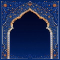 A radiant blue background illuminating a white Islamic ornamental arch with gold outlines, surrounded by simple arabesque patterns.