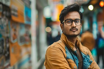 Fototapeta premium Portrait of a serious young indian man wearing glasses and a stylish jacket, standing with arms crossed in a vibrant, crowded urban setting