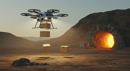 Futuristic Delivery Drone Transporting Packages Near a Sci-Fi Tunnel

