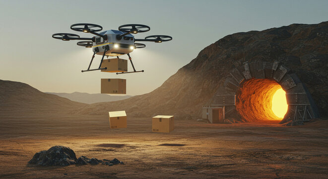 Futuristic Delivery Drone Transporting Packages Near a Sci-Fi Tunnel

