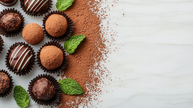 Handcrafted truffle chocolates with cocoa powder and mint leaves