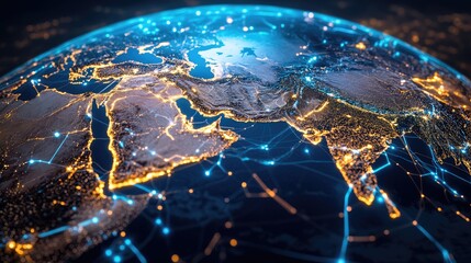 glowing digital earth globe centered on middle east global connectivity and data transfer concept 3d render