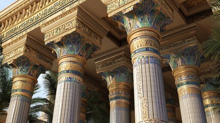 Majestic Fusion: Glistening Mosaic Columns with Egyptian Lotus Capitals in Cinematic Glory
