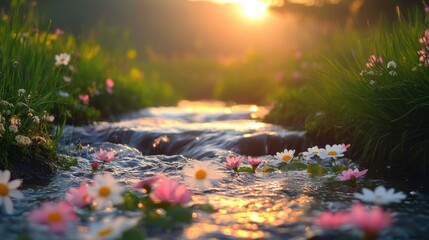A tranquil stream with wildflowers.