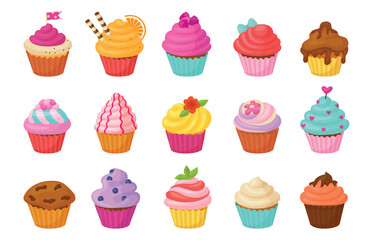 Sweet cupcakes. Chocolate vanilla cupcake with creamy hats and berries. Cartoon sweet bake desserts, isolated tasty muffins neoteric vector clipart