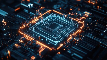 Glowing digital home icon surrounded by circuit lines representing smart system management and IoT technologies for smart homes The concept is set against a dark background in a 3D