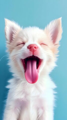 Obraz premium Adorable White Puppy Yawns with Eyes Closed on a Light Blue Background, a Cute and Playful Portrait.