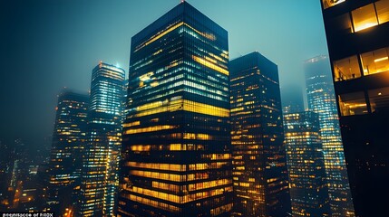 Obraz premium A background of a sleek glass skyscraper reflecting city lights at night.