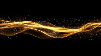 Glowing golden fiber optic light strands contrasted against a black background.