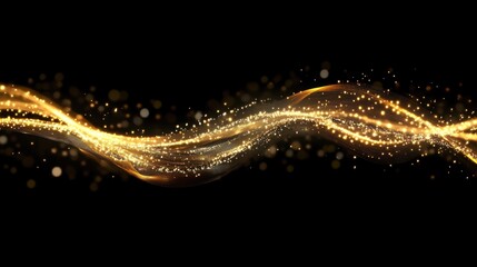 Glowing golden fiber optic light strands contrasted against a black background.
