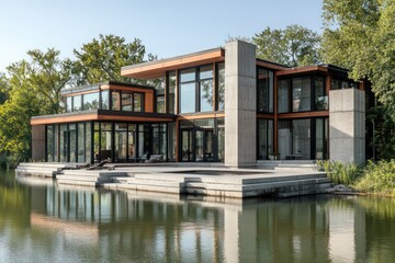 A lakeside retreat with modular construction, large glass sections, and a mix of concrete and timber materials