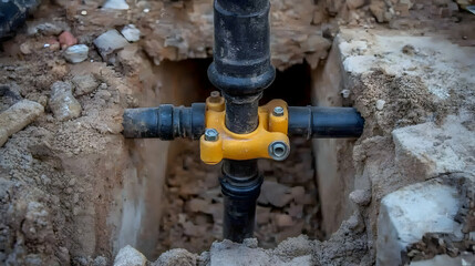 Underground Pipe Connection Secured with Yellow Clamp in Dirt Trench