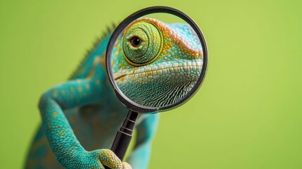 A chameleon holds a magnifying glass.