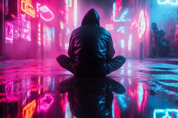 A cyberpunk-inspired quiet alleyway scene with neon lights reflecting off puddles, and a solitary figure sitting calmly in the shadows, escaping the city noise