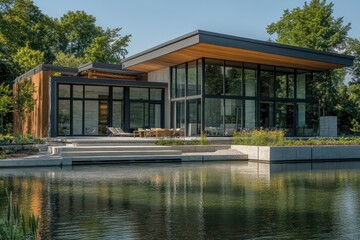 Fototapeta premium A lakeside retreat with modular construction, large glass sections, and a mix of concrete and timber materials