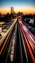 Fototapeta premium Light Trails and Train Tracks Converge Towards a City Skyline at Sunset