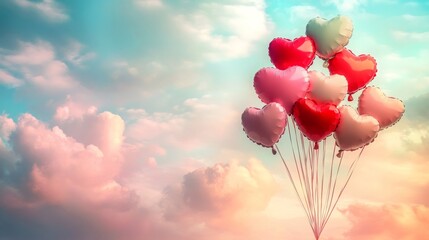 A playful Valentine’s Day background with floating heart-shaped balloons in vibrant shades of red and pink, against a soft, cloudy pastel sky, 16:9