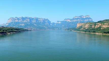 Serene Yellow River Panorama: Majestic Mountains and Tranquil Waters in China