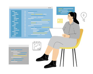 Programming and development of programs, software and applications. Woman developer writing code. Vector illustration on isolated white background.	