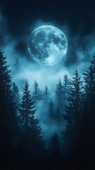 Fototapeta premium A background of a spooky, foggy forest lit by the pale moonlight.